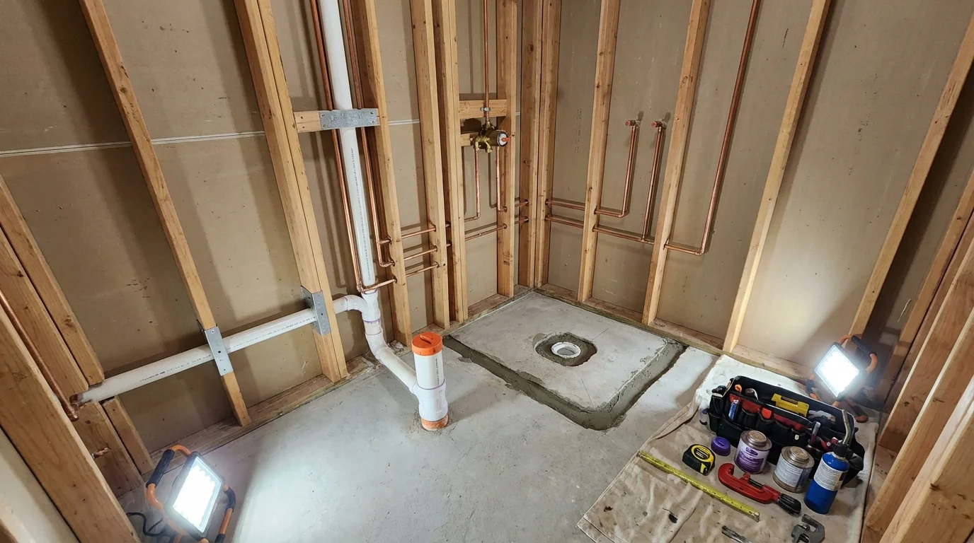 Bathroom rough-in plumbing during remodel by Johns Plumbing LLC in Ridgefield Park