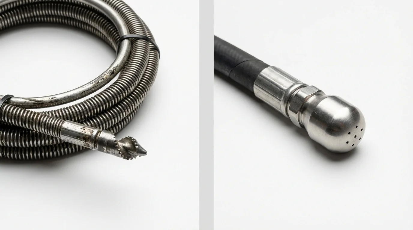 Drain snake cable and hydro jetting nozzle used for drain cleaning in Ridgefield Park, NJ