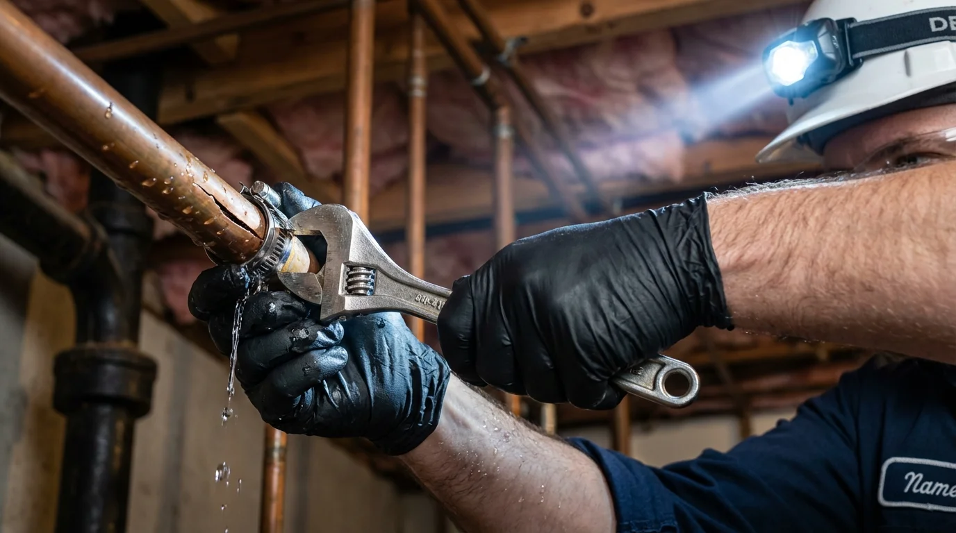Emergency pipe clamp repair being performed by a Johns Plumbing LLC plumber in Ridgefield Park