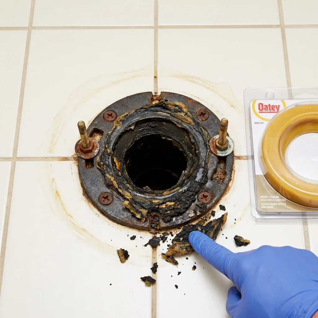 Failed wax ring showing water seepage at the base of a toilet in a Ridgefield Park, NJ home