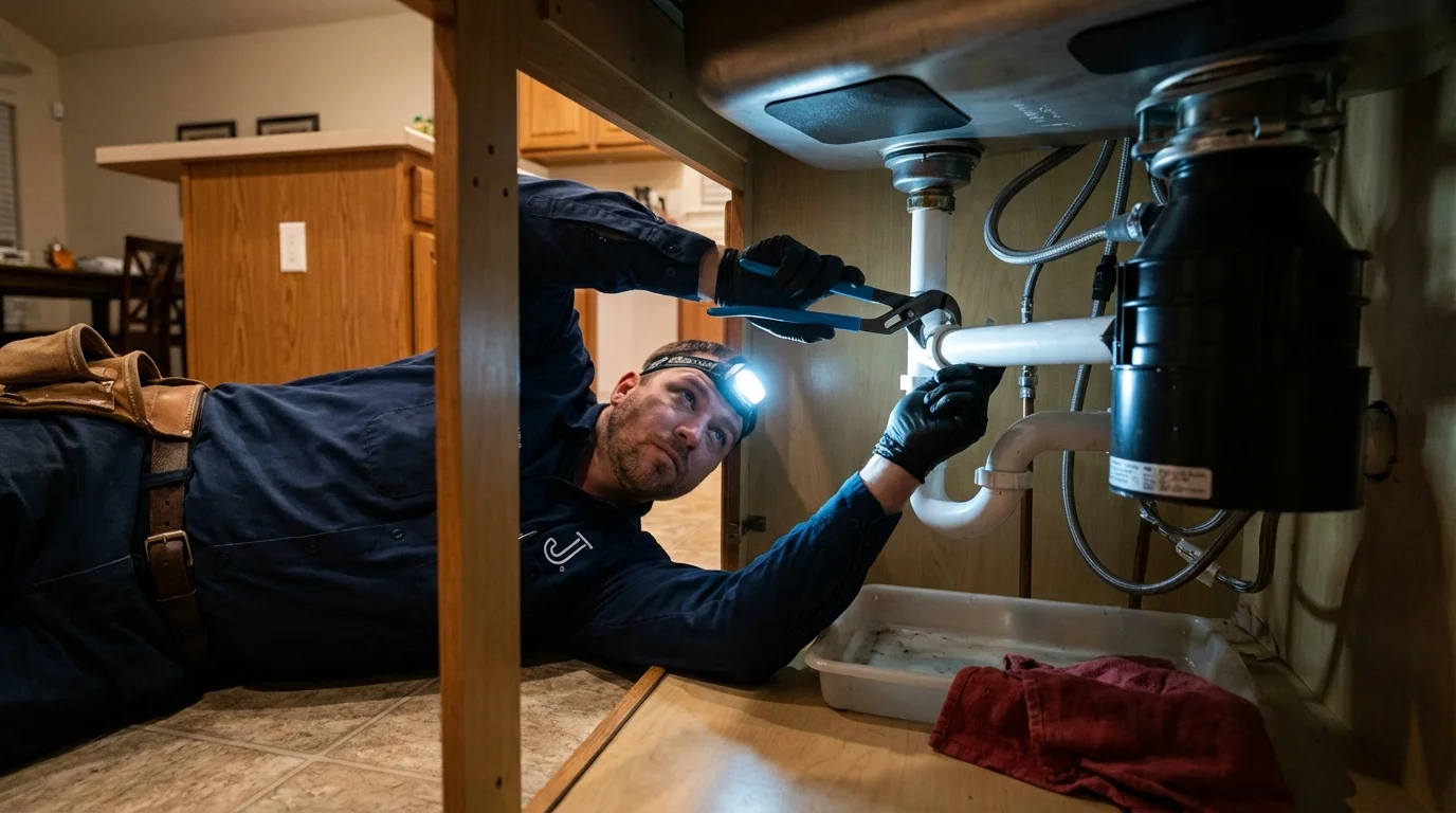 P-trap and supply line connections under a kitchen sink showing a common leak point in Ridgefield Park, NJ